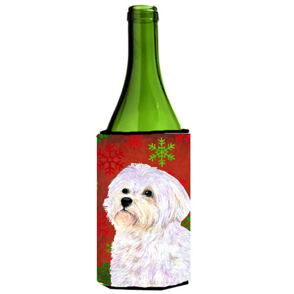 Carolines Treasures Maltese Red And Green Snowflakes Holiday Christmas Wine bottle sleeve Hugger - 24 oz. - SS4688LITERK