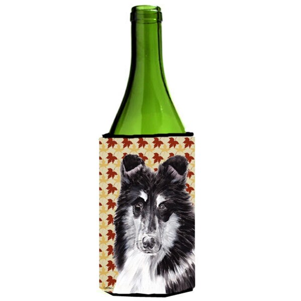 Carolines Treasures Black And White Collie Fall Leaves Wine bottle sleeve Hugger  24 Oz. - SC9678LITERK