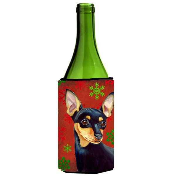 Carolines Treasures Min Pin Red And Green Snowflakes Holiday Christmas Wine bottle sleeve Hugger - LH9335LITERK