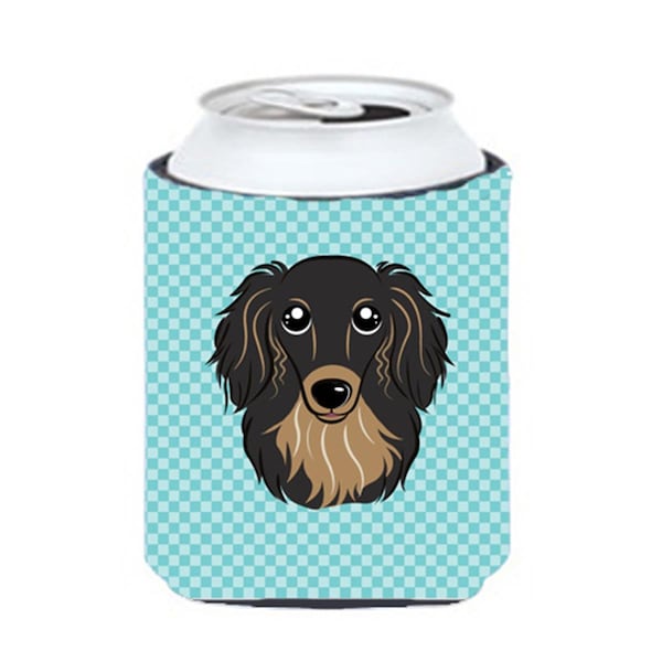 Carolines Treasures Checkerboard Blue Longhair Black And Tan Dachshund Can Or Bottle Hugger- 12 Oz. - BB1151CC