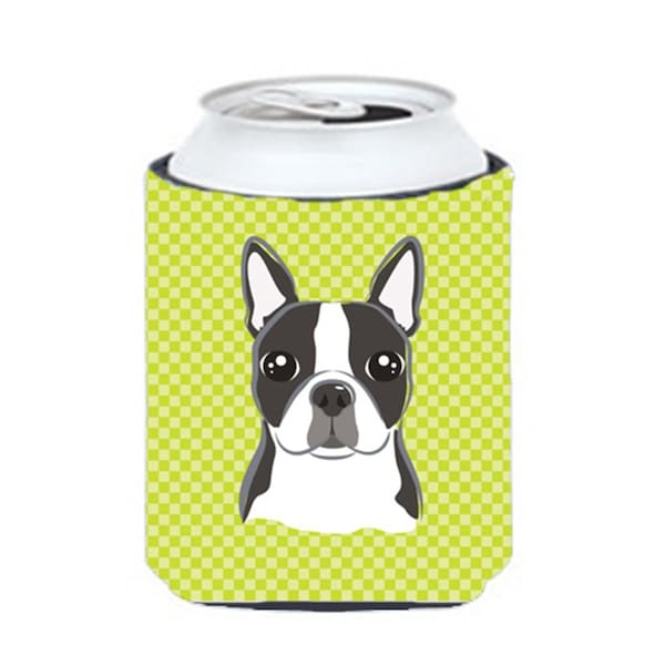 Carolines Treasures Checkerboard Lime Green Boston Terrier Can Or Bottle Hugger- 12 Oz. - BB1265CC