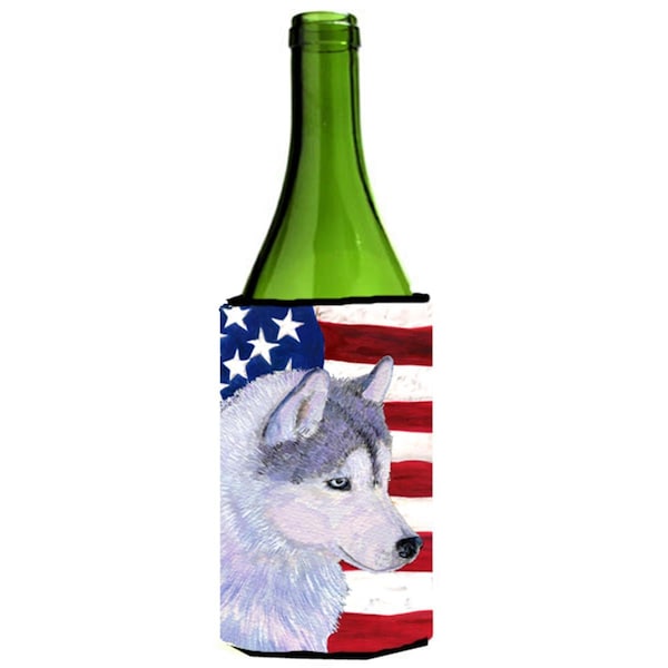 Carolines Treasures Usa American Flag With Siberian Husky Wine bottle sleeve Hugger - SS4220LITERK