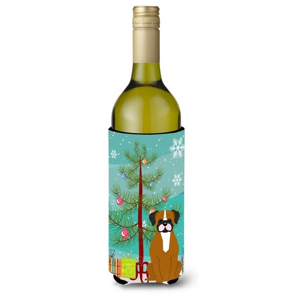 Carolines Treasures Merry Christmas Tree Flashy Fawn Boxer Wine Bottle Beverge Insulator Hugger - BB4241LITERK