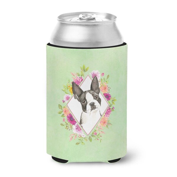 Carolines Treasures Boston Terrier Green Flowers Can or Bottle Hugger - CK4417CC