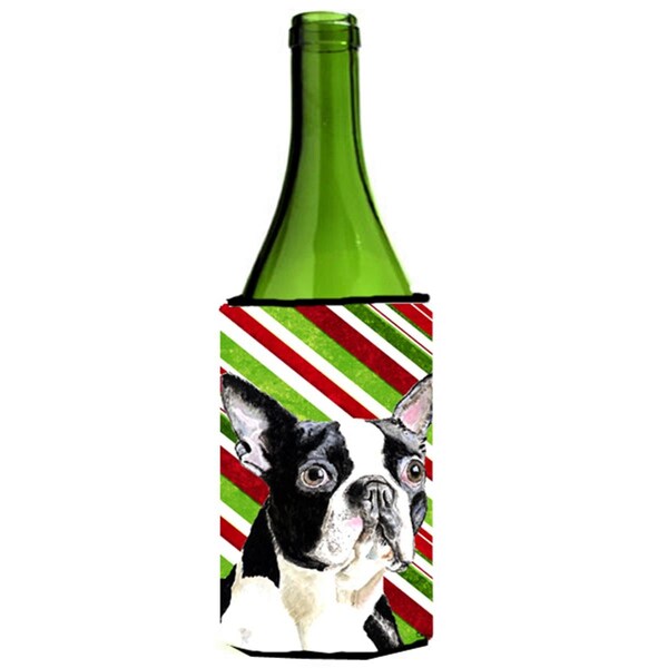 Carolines Treasures Boston Terrier Candy Cane Holiday Christmas Wine bottle sleeve Hugger - 24 oz. - SC9320LITERK