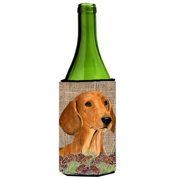 Carolines Treasures Dachshund On Faux Burlap With Pine Cones Wine bottle sleeve Hugger - SS4078LITERK