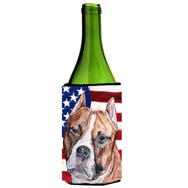 Carolines Treasures Staffordshire Bull Terrier Staffie With American Flag Usa Wine bottle sleeve Hugger  24 Oz. - SC9632LITERK