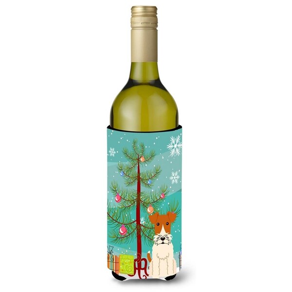 Carolines Treasures Merry Christmas Tree Wire Fox Terrier Wine Bottle Beverge Insulator Hugger - BB4226LITERK