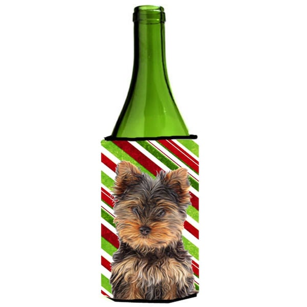 Carolines Treasures Candy Cane Holiday Christmas Yorkie Puppy & Yorkshire Terrier Wine bottle sleeve Hugger - KJ1174LITERK