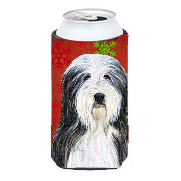 Carolines Treasures Bearded Collie Red And Green Snowflakes Holiday Christmas Tall Boy bottle sleeve - 22 To 24 oz. - SS4704TBC
