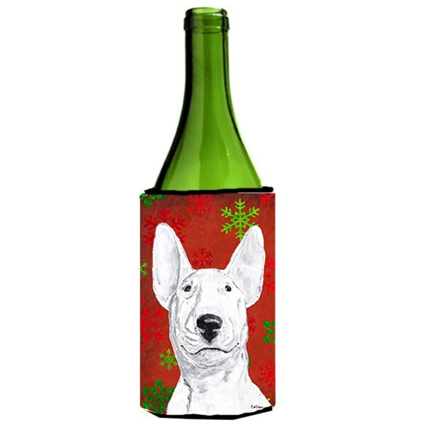 Carolines Treasures Bull Terrier Red Snowflake Christmas Wine bottle sleeve Hugger - 24 oz. - SC9590LITERK
