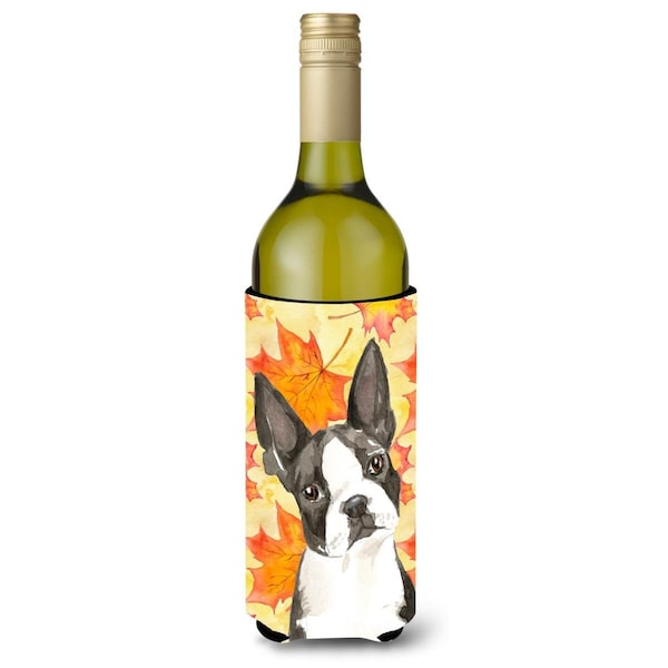 Carolines Treasures Fall Leaves Boston Terrier Wine Bottle Beverge Insulator Hugger - CK1849LITERK