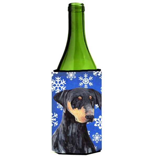 Carolines Treasures Doberman Winter Snowflakes Holiday Wine bottle sleeve Hugger - 24 oz. - SC9377LITERK