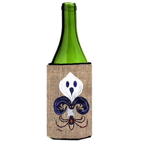 Carolines Treasures Halloween Ghost Bat Spider Fleur De Lis Faux Burlap Wine bottle sleeve Hugger - 24 oz. - 8749LITERK