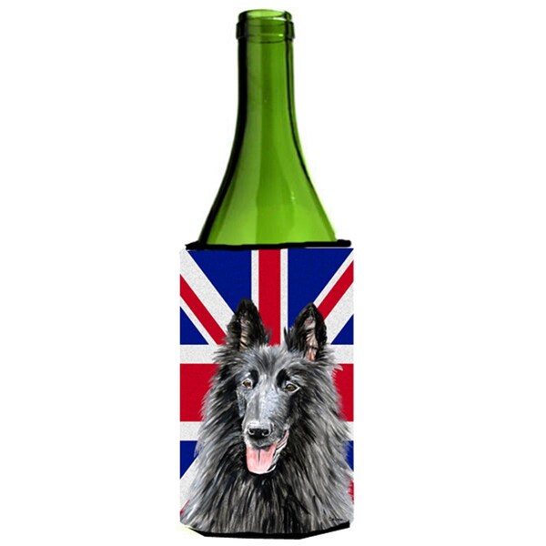 Carolines Treasures Belgian Sheepdog With English Union Jack British Flag Wine bottle sleeve Hugger - 24 Oz. - SC9855LITERK
