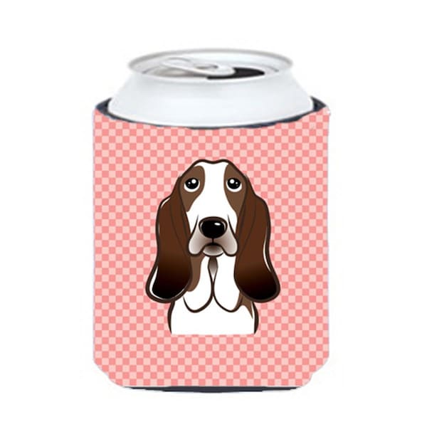 Carolines Treasures Checkerboard Pink Basset Hound Can Or Bottle Hugger- 12 Oz. - BB1243CC