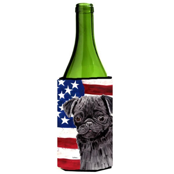 Carolines Treasures Usa American Flag With Pug Wine bottle sleeve Hugger - 24 oz. - SC9011LITERK