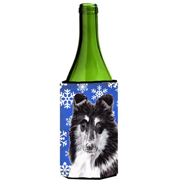 Carolines Treasures Black And White Collie Winter Snowflakes Wine bottle sleeve Hugger  24 Oz. - SC9774LITERK