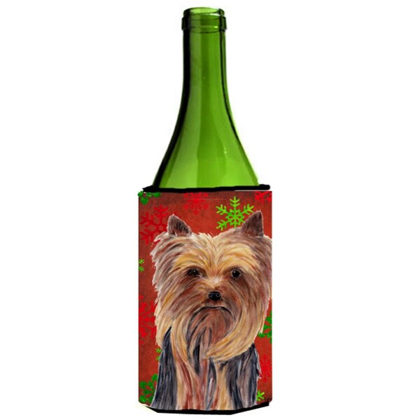 Carolines Treasures Yorkie Red And Green Snowflakes Holiday Christmas Wine bottle sleeve Hugger - SC9405LITERK