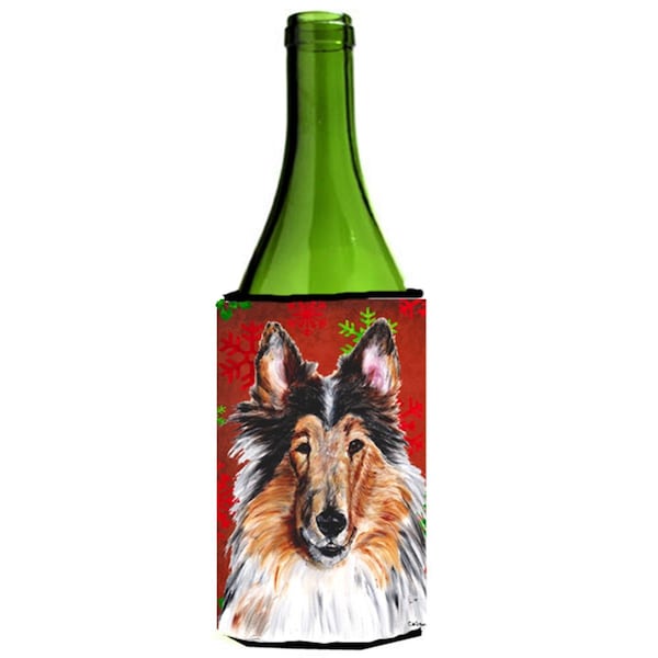 Carolines Treasures Collie Red Snowflakes Holiday Wine bottle sleeve Hugger  24 Oz. - SC9742LITERK