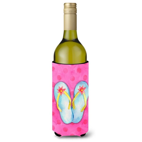 Carolines Treasures Flip Flops Pink Polkadot Wine Bottle Beverge Insulator Hugger - BB8184LITERK