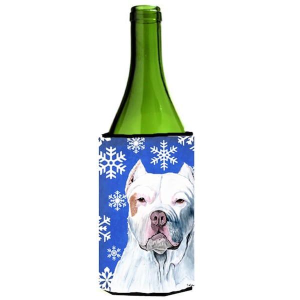 Carolines Treasures Pit Bull Winter Snowflakes Holiday Wine bottle sleeve Hugger - SC9381LITERK