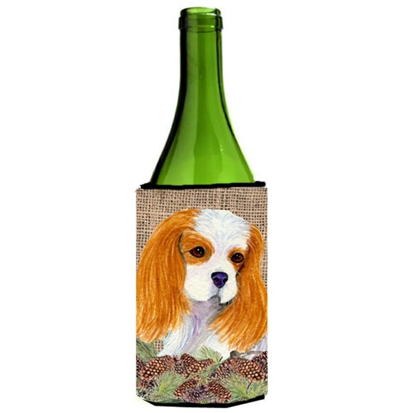 Carolines Treasures Cavalier Spaniel On Faux Burlap With Pine Cones Wine bottle sleeve Hugger - 24 oz. - SS4107LITERK