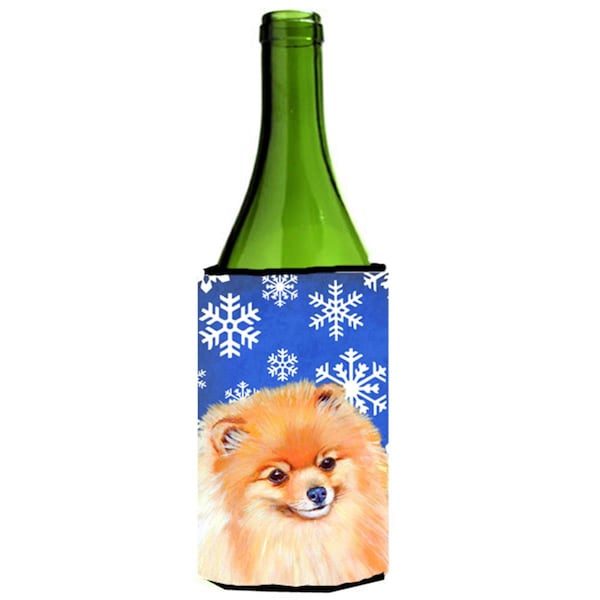 Carolines Treasures Pomeranian Winter Snowflakes Holiday Wine bottle sleeve Hugger - 24 oz. - LH9305LITERK
