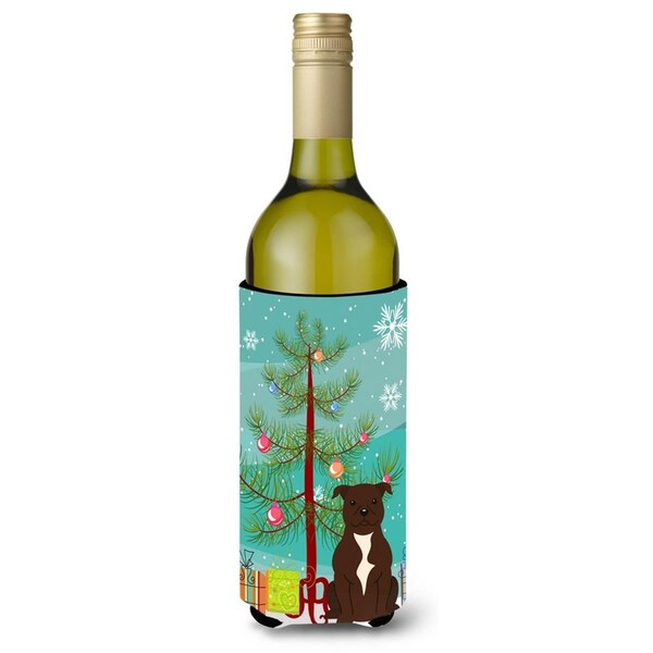 Carolines Treasures Merry Christmas Tree Staffordshire Bull Terrier Chocolate Wine Bottle Beverge Insulator Hugger - BB4173LITERK