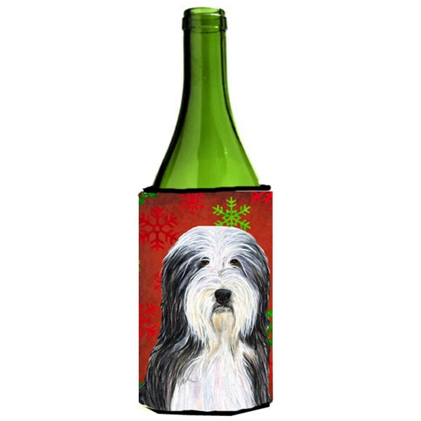 Carolines Treasures Bearded Collie Red And Green Snowflakes Holiday Christmas Wine bottle sleeve - 24 oz. - SS4704LITERK