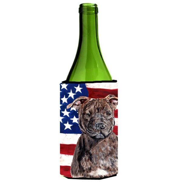 Carolines Treasures Staffordshire Bull Terrier Staffie With American Flag Usa Wine bottle sleeve Hugger  24 Oz. - SC9633LITERK