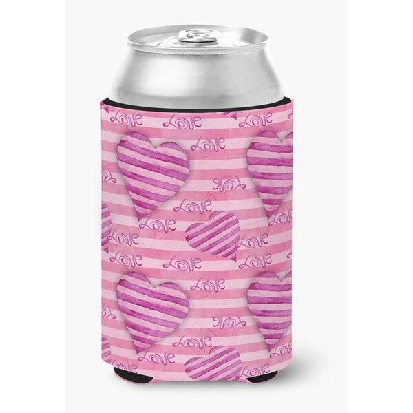 Carolines Treasures Watercolor Hot Pink Striped Hearts Can or Bottle Hugger - BB7566CC