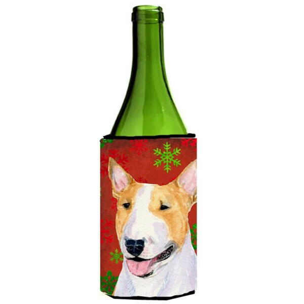 Carolines Treasures Bull Terrier Red And Green Snowflakes Holiday Christmas Wine bottle sleeve - 24 oz. - SS4703LITERK