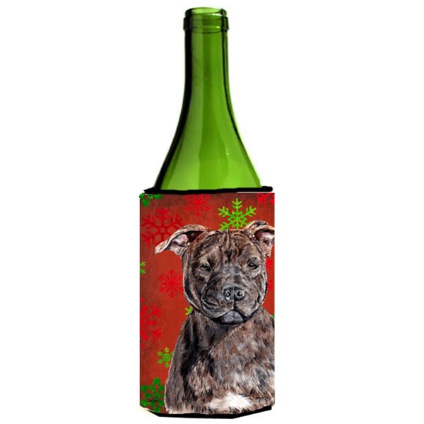 Carolines Treasures Staffordshire Bull Terrier Staffie Red Snowflakes Holiday Wine bottle sleeve Hugger  24 Oz. - SC9753LITERK