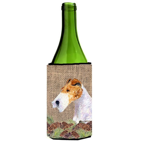 Carolines Treasures Fox Terrier On Faux Burlap With Pine Cones Wine bottle sleeve Hugger - SS4069LITERK