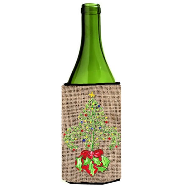 Carolines Treasures Christmas Tree Fleur De Lis On Faux Burlap Wine bottle sleeve Hugger - 24 oz. - 8745LITERK