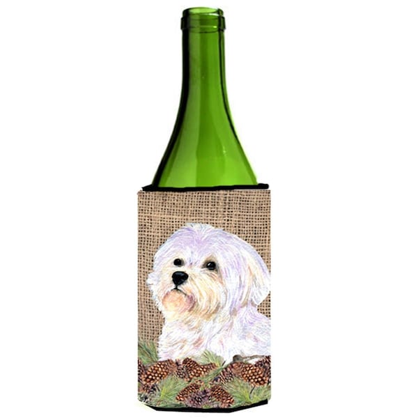 Carolines Treasures Maltese On Faux Burlap With Pine Cones Wine bottle sleeve Hugger - SS4072LITERK