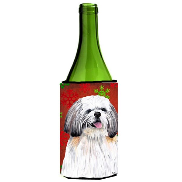 Carolines Treasures Shih Tzu Red and Green Snowflakes Holiday Christmas Wine Bottle   Hugger - SC9423LITERK