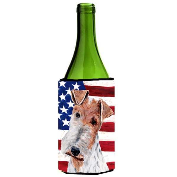 Carolines Treasures Wire Fox Terrier With American Flag Usa Wine bottle sleeve Hugger  24 Oz. - SC9628LITERK