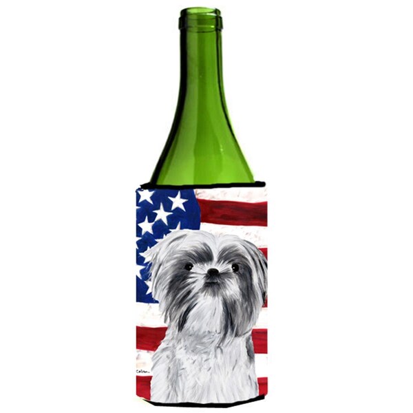 Carolines Treasures Usa American Flag With Shih Tzu Wine bottle sleeve Hugger - 24 oz. - SC9015LITERK