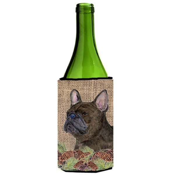 Carolines Treasures French Bulldog On Faux Burlap With Pine Cones Wine bottle sleeve Hugger - SS4063LITERK