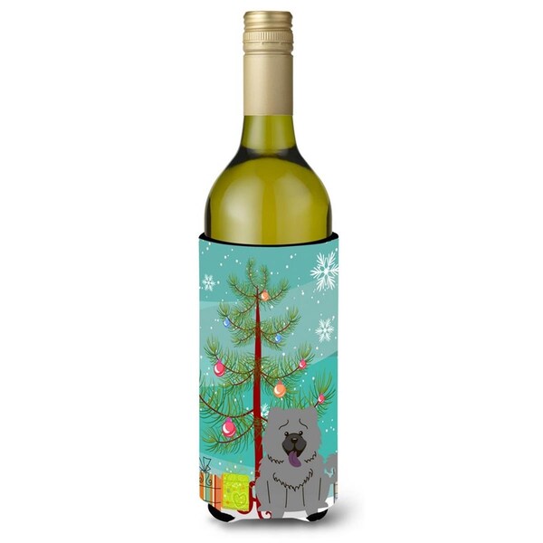 Carolines Treasures Merry Christmas Tree Chow Chow Blue Wine Bottle Beverge Insulator Hugger - BB4264LITERK