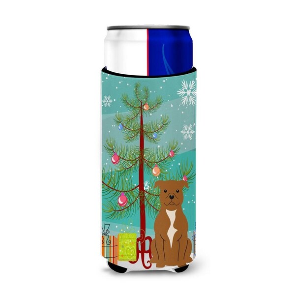 Carolines Treasures Merry Christmas Tree Staffordshire Bull Terrier Brown Michelob Ultra Hugger for Slim Cans - BB4172MUK