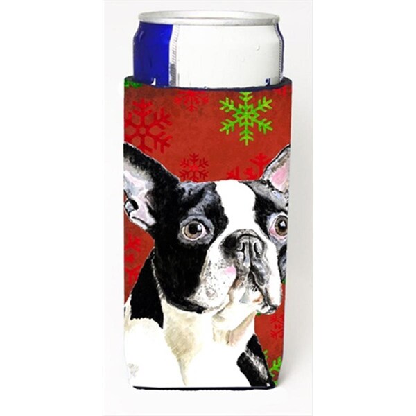 Carolines Treasures Boston Terrier Red Green Snowflakes Christmas Michelob Ultra bottle sleeves For Slim Cans - SC9400MUK