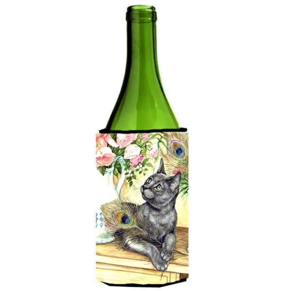 Carolines Treasures Cat & Peacock Feathers Wine Bottle Can cooler Hugger - CDCO0035LITERK