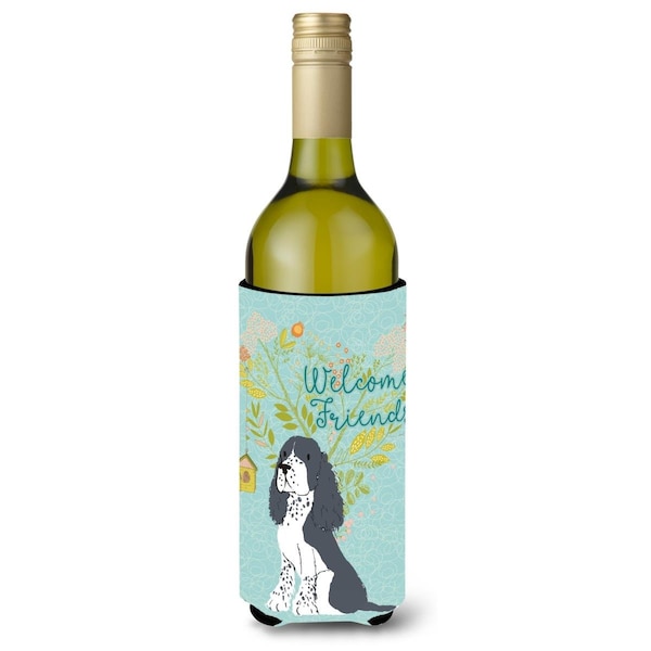 Carolines Treasures Welcome Friends Black Springer Spaniel Wine Bottle Beverge Insulator Hugger - BB7621LITERK