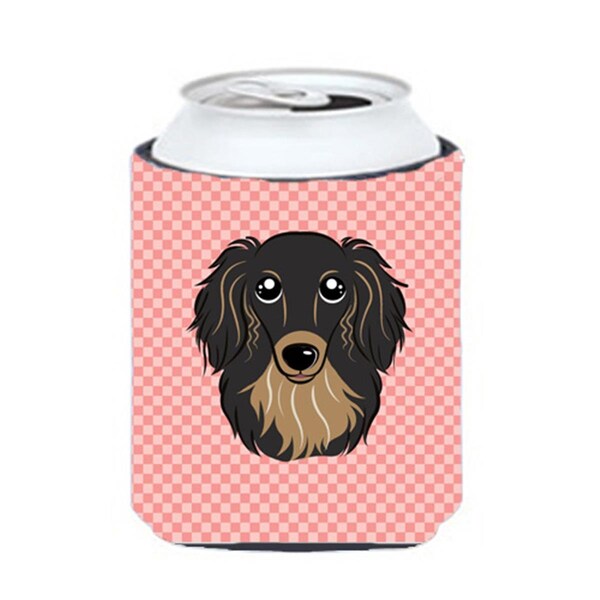 Carolines Treasures Checkerboard Pink Longhair Black And Tan Dachshund Can Or Bottle Hugger- 12 Oz. - BB1213CC