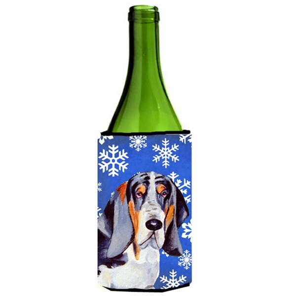 Carolines Treasures Basset Hound Winter Snowflakes Holiday Wine bottle sleeve Hugger - 24 oz. - LH9282LITERK
