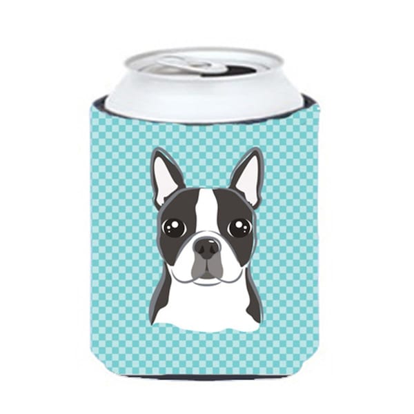 Carolines Treasures Checkerboard Blue Boston Terrier Can Or Bottle Hugger- 12 Oz. - BB1141CC