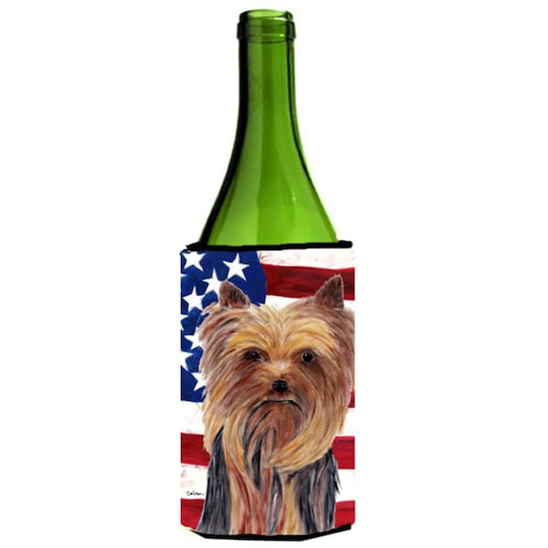 Carolines Treasures Usa American Flag With Yorkie Wine bottle sleeve Hugger - 24 oz. - SC9013LITERK